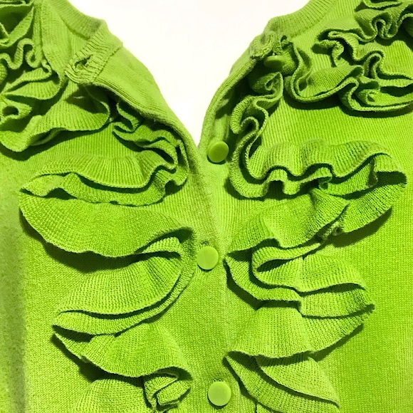 Lime Green Button Down Cardigan with Exaggerated Ruffles - Picture 3 of 5